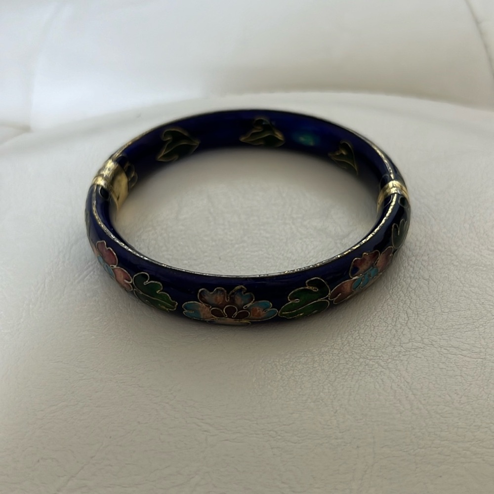 Vintage Cobalt Blue Enamel Cloisonne Hinged Bracelet